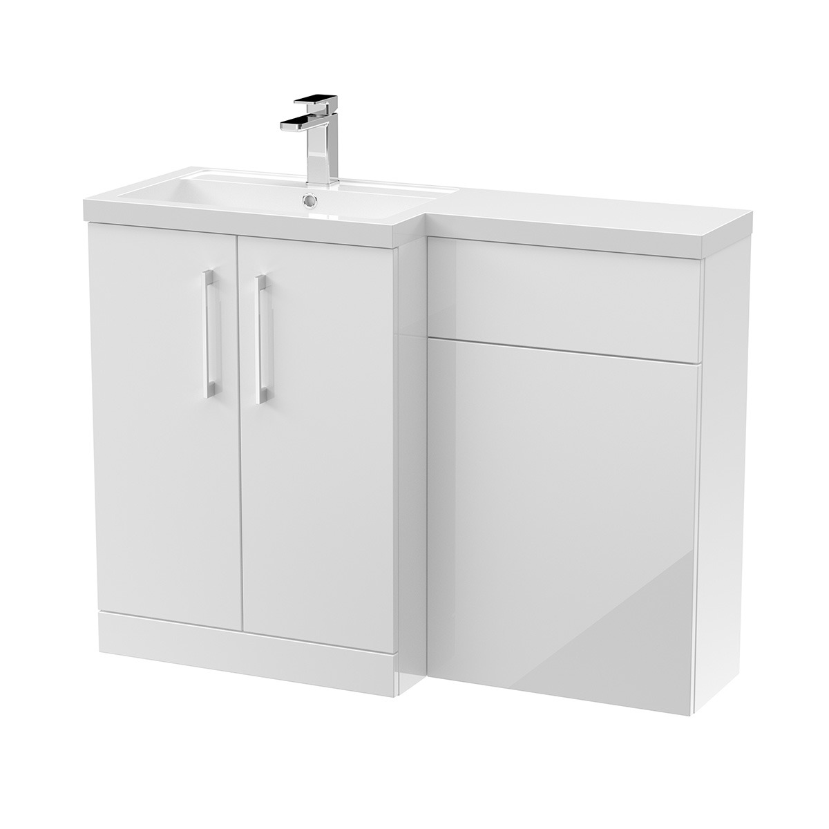 Arno 1100mm Left-Hand Combination Unit in Gloss White, combining a two-door vanity unit with an integrated WC unit for a coordinated, space-saving bathroom solution. The generous vanity provides concealed storage, while the continuous worktop creates a cl