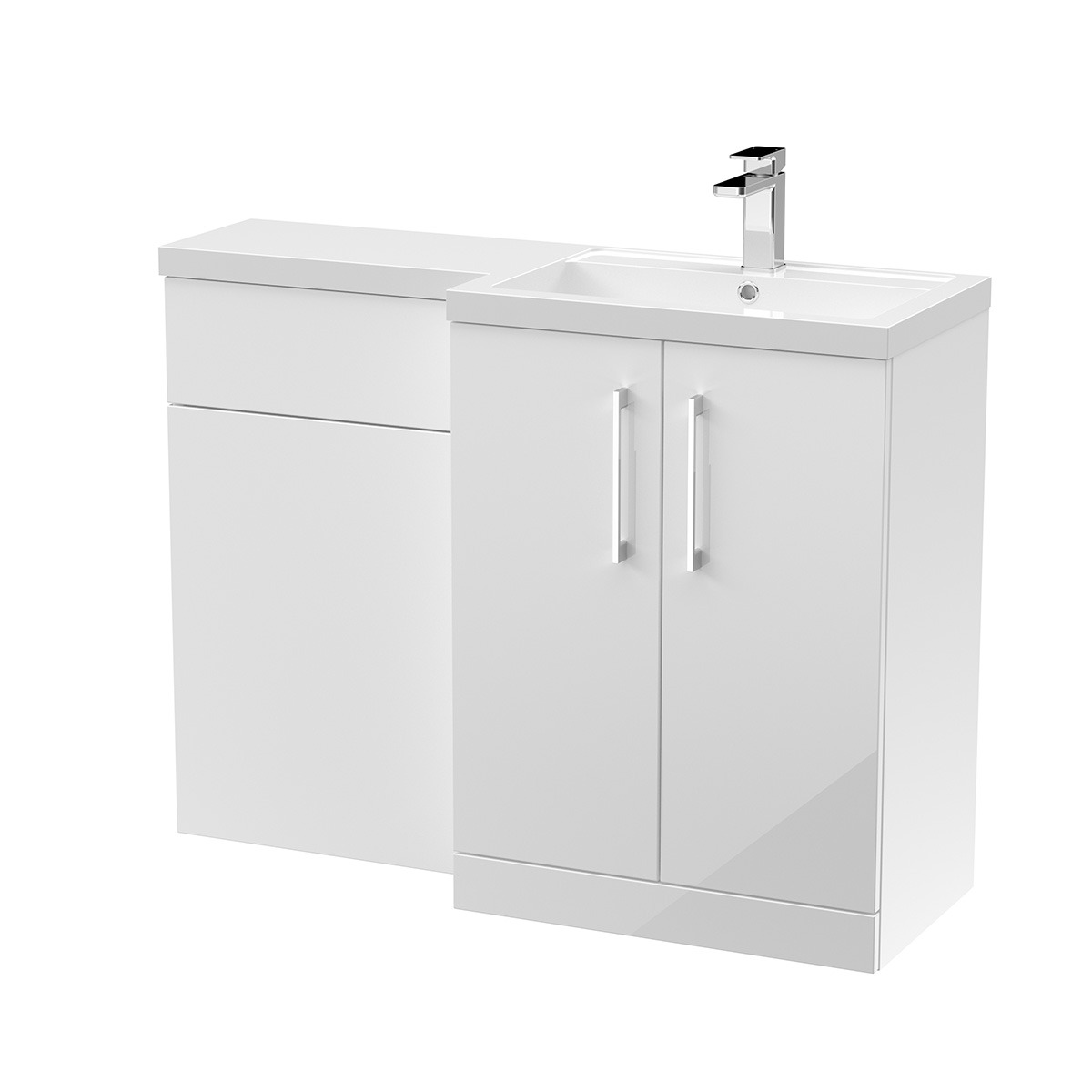 Arno 1100mm Right-Hand Combination Unit in Gloss White, combining a two-door vanity unit with an integrated WC unit to create a practical and coordinated bathroom solution. The vanity features generous concealed storage, while the continuous worktop and c