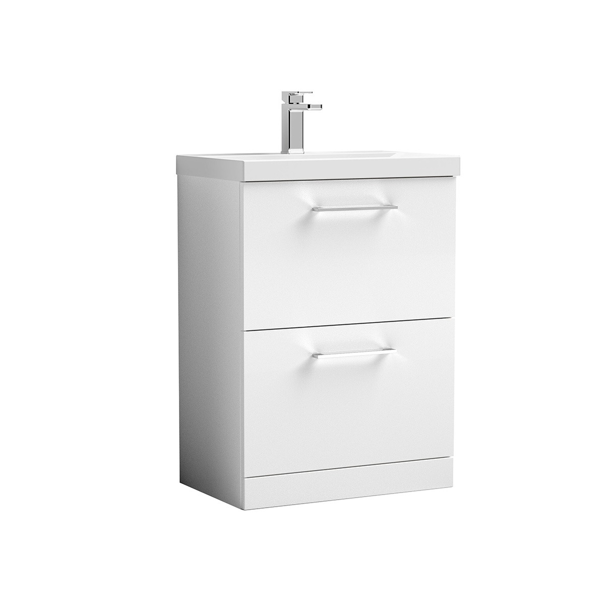 Arno 600mm gloss white freestanding vanity unit with two drawers, chrome handles, integrated white ceramic basin and chrome basin tap, shown against a white background.