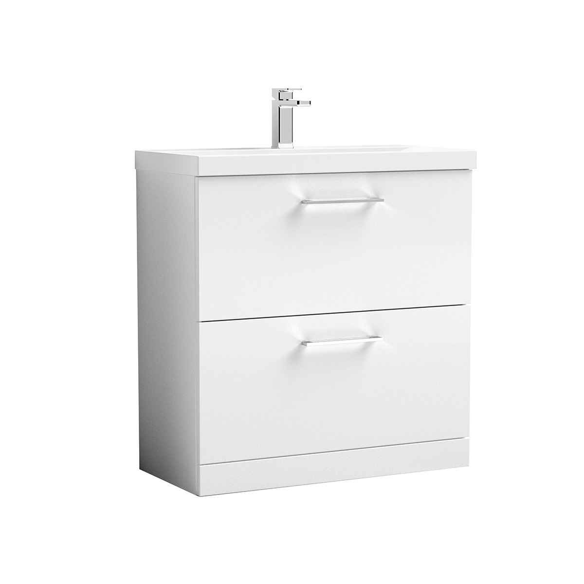 Arno 800mm gloss white freestanding vanity unit with two drawers, chrome handles, integrated white ceramic basin and chrome basin tap, shown against a white background.