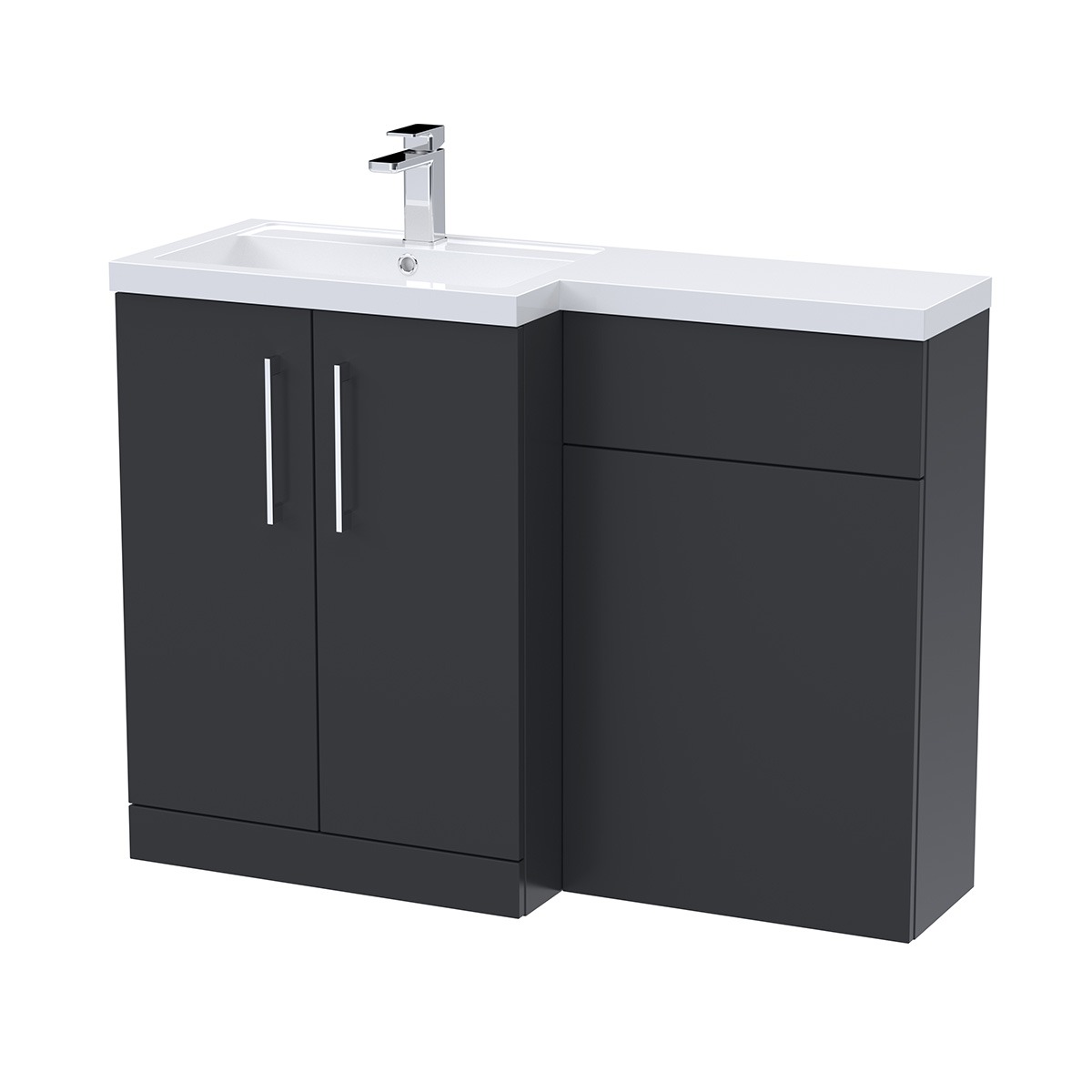Arno 1100mm Left-Hand Combination Unit in Soft Black, combining a two-door vanity unit with an integrated WC unit for a practical and space-saving bathroom solution. The vanity provides useful concealed storage, while the generous continuous worktop creat