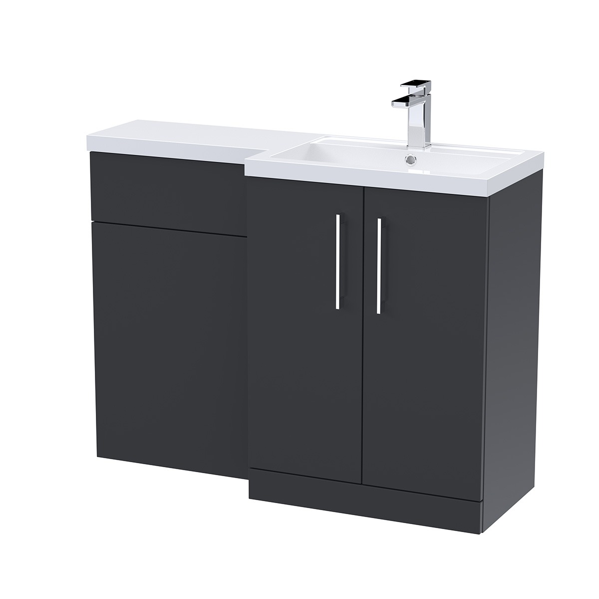 Arno 1100mm Right-Hand Combination Unit in Soft Black, combining a two-door vanity unit with an integrated WC unit for a practical and space-saving bathroom solution. The vanity features generous concealed storage, while the continuous white ceramic workt
