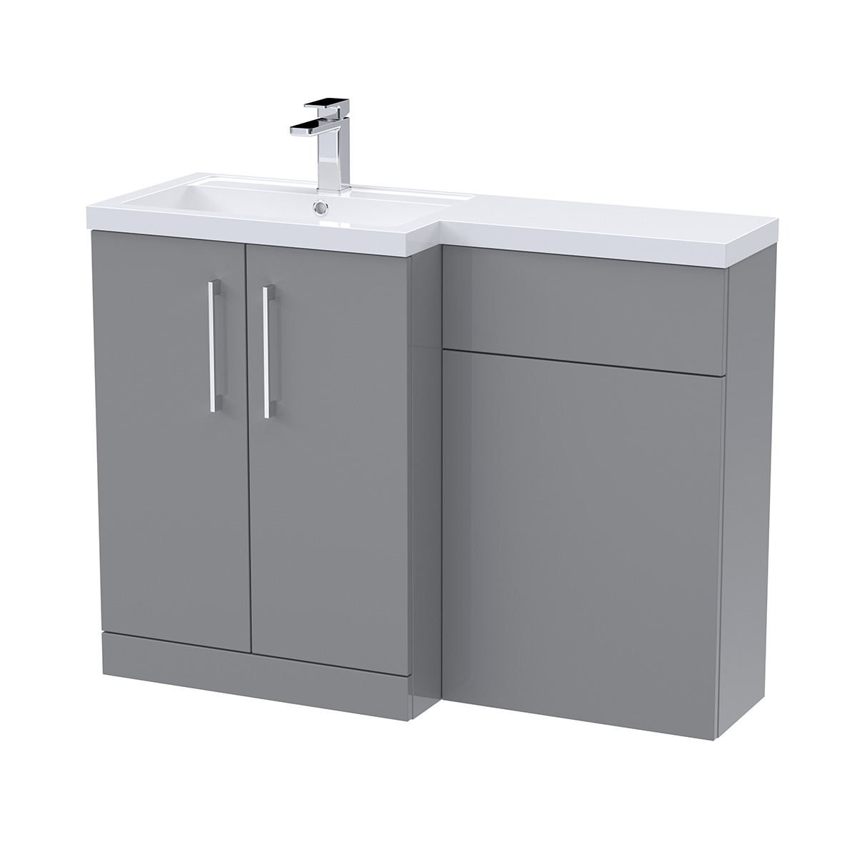 Arno 1100mm Left-Hand Combination Unit in Satin Grey, featuring a two-door vanity unit with chrome handles, white ceramic basin and integrated WC unit. The clean, contemporary design combines practical storage with a continuous white worktop.