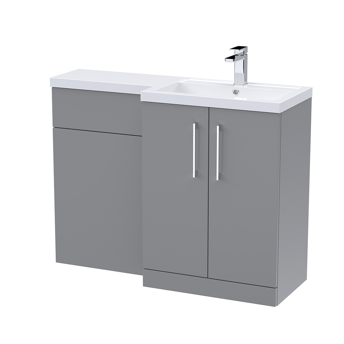 Arno 1100mm Right-Hand Combination Unit in Satin Grey, featuring a two-door vanity unit with chrome handles, white ceramic basin and integrated WC unit.