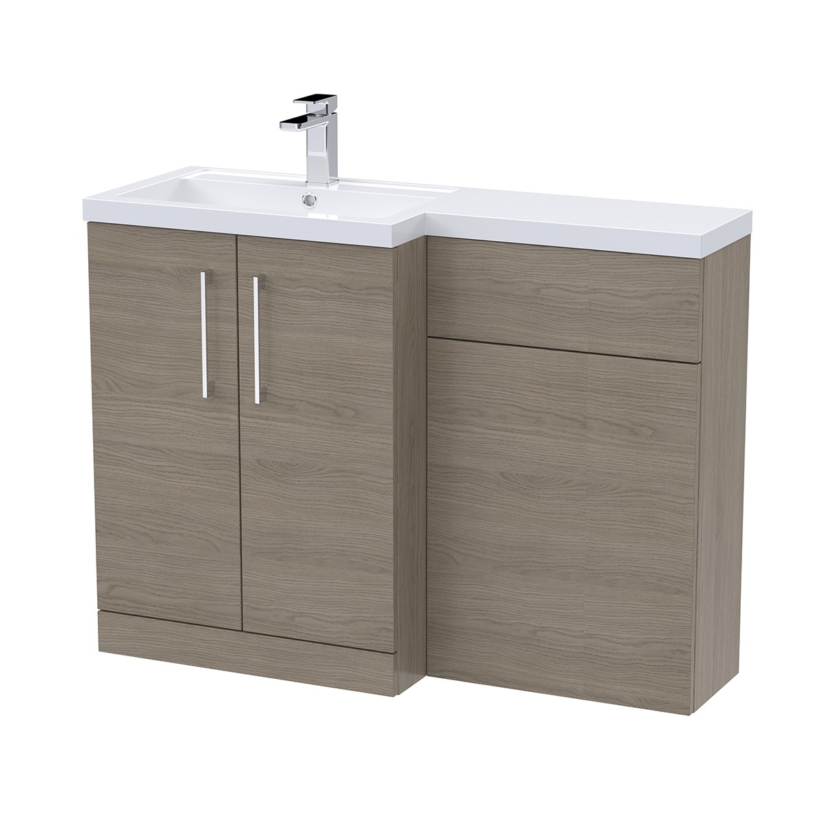 Arno 1100mm Left-Hand Combination Unit in Solace Oak, featuring a two-door vanity unit with chrome handles, white ceramic basin and integrated WC unit.