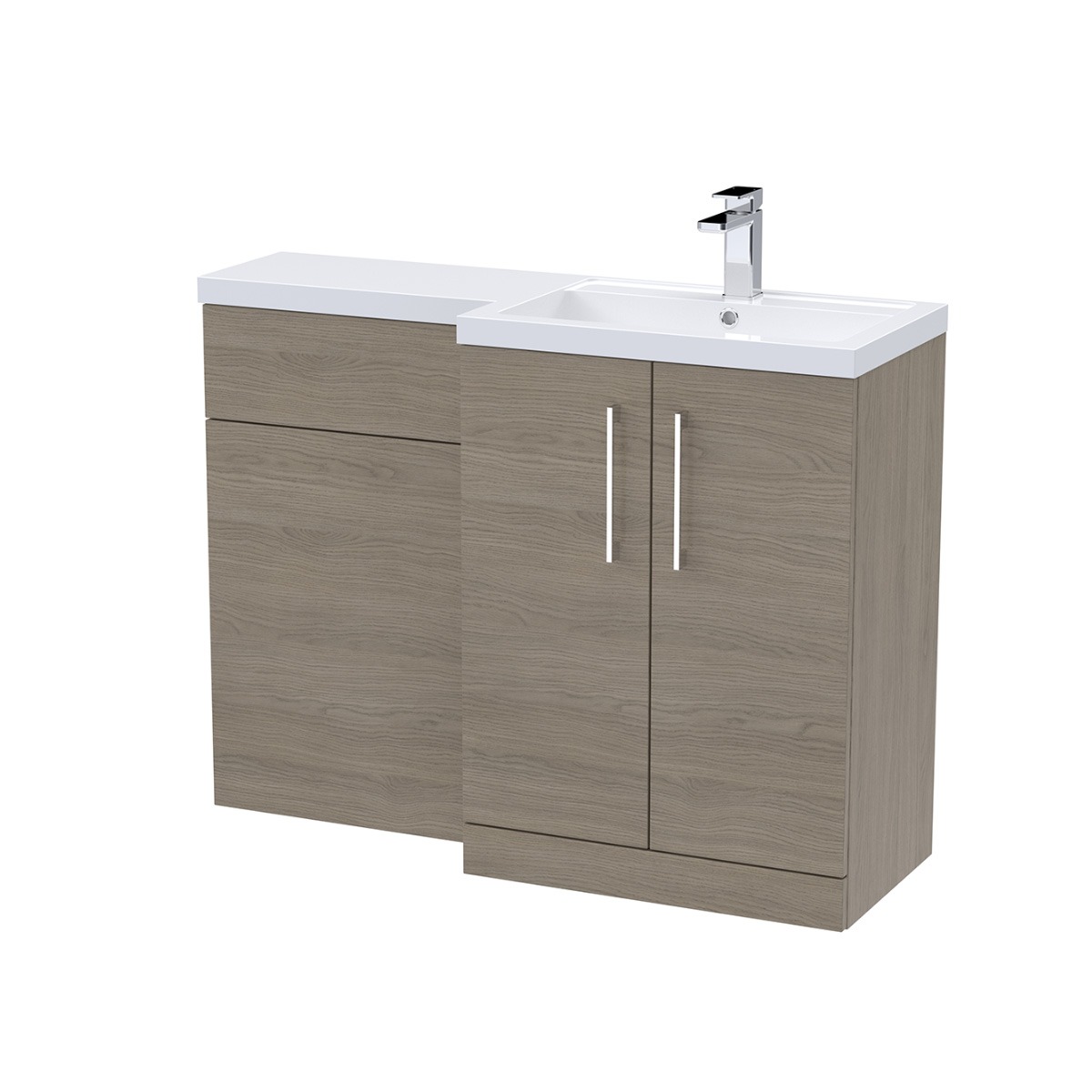 Arno 1100mm Right-Hand Combination Unit in Solace Oak, with a two-door vanity unit, chrome handles, white ceramic basin and integrated WC unit.