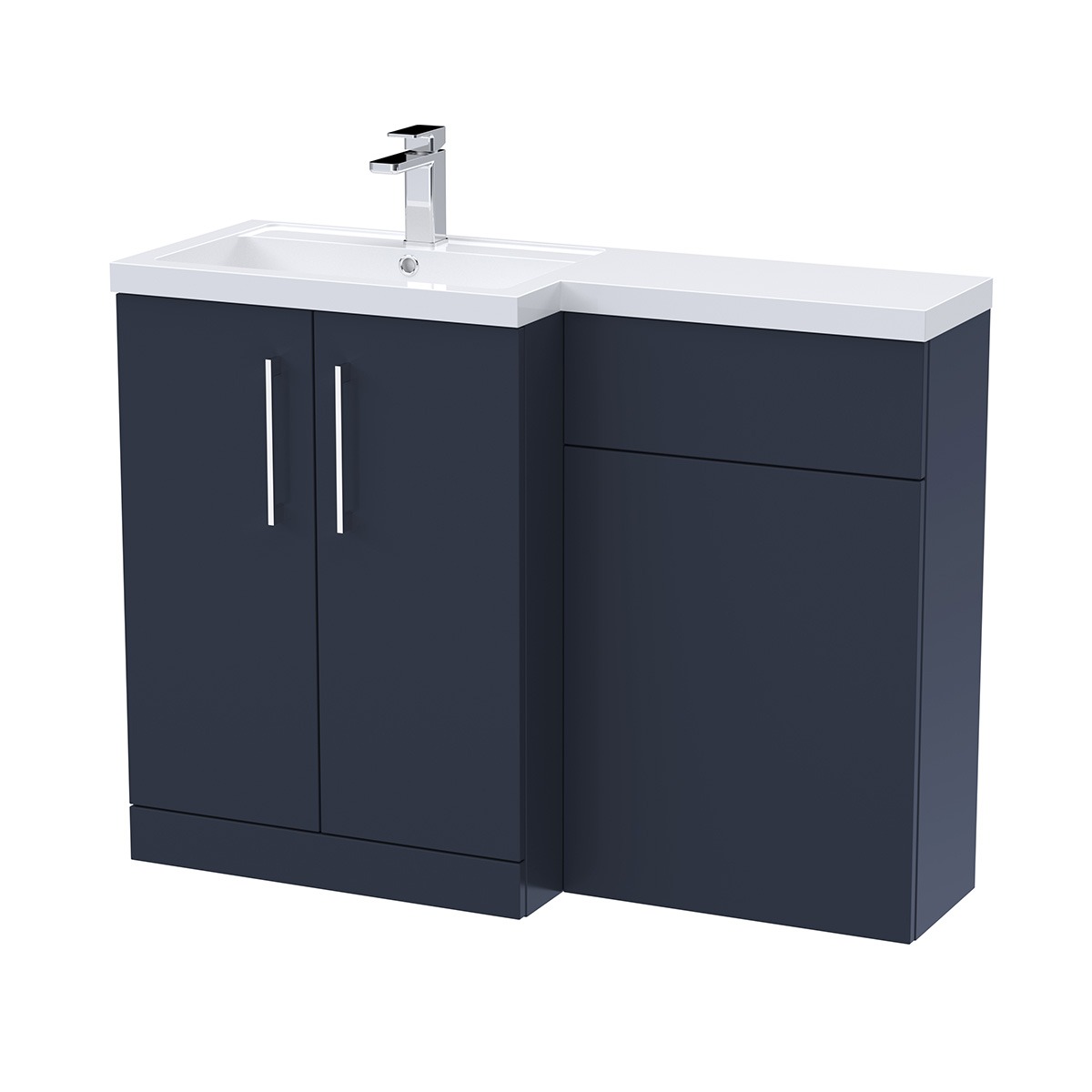 Arno 1100mm Left-Hand Combination Unit in Indigo, with a two-door vanity unit, chrome handles, white ceramic basin and integrated WC unit.