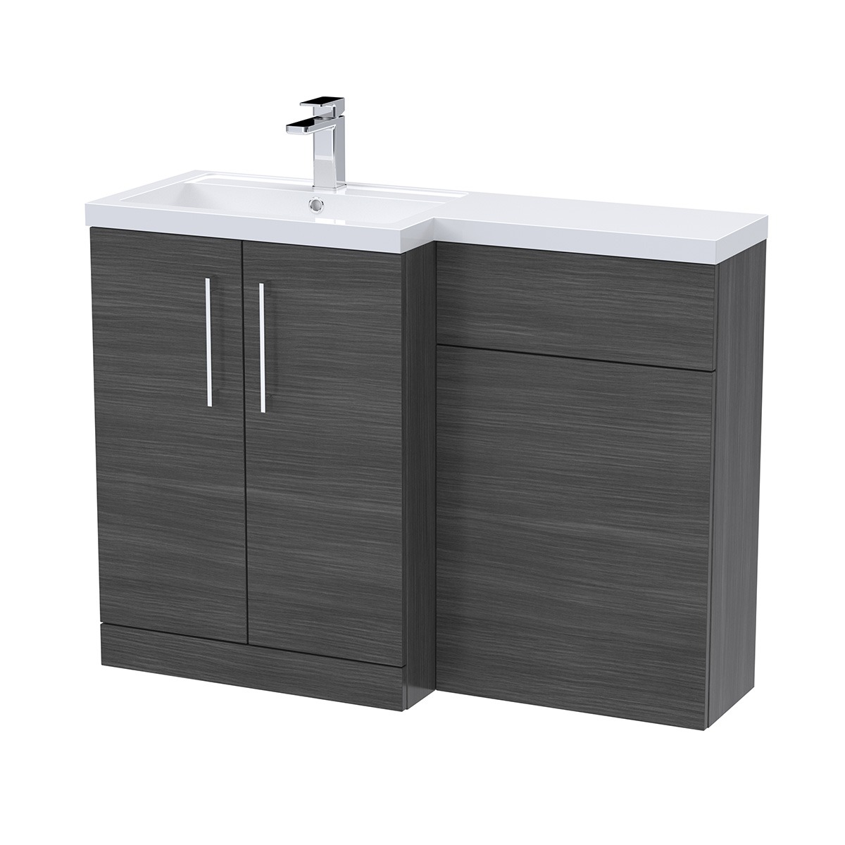 Arno 1100mm Left-Hand Combination Unit in Anthracite, featuring a two-door vanity unit, white ceramic basin and integrated WC unit.