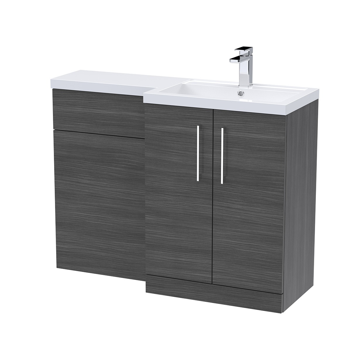 Arno 1100mm Right-Hand Combination Unit in Anthracite, featuring a two-door vanity unit, white ceramic basin and integrated WC unit.