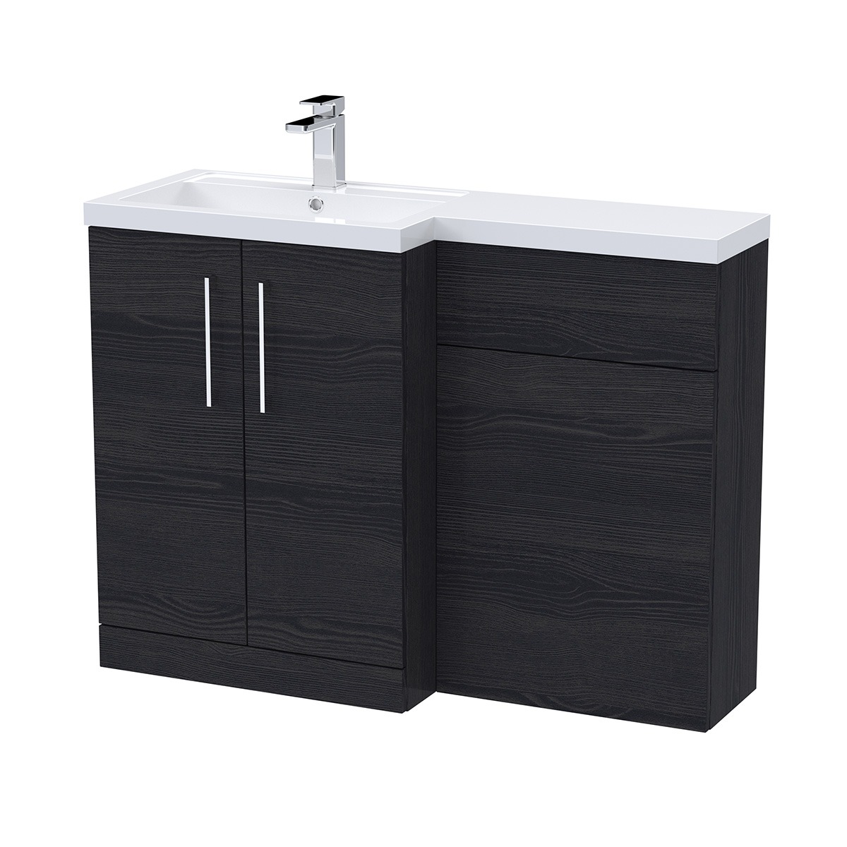 Arno 1100mm Left-Hand Combination Unit in Charcoal with a white ceramic basin, two-door vanity unit and integrated WC unit.