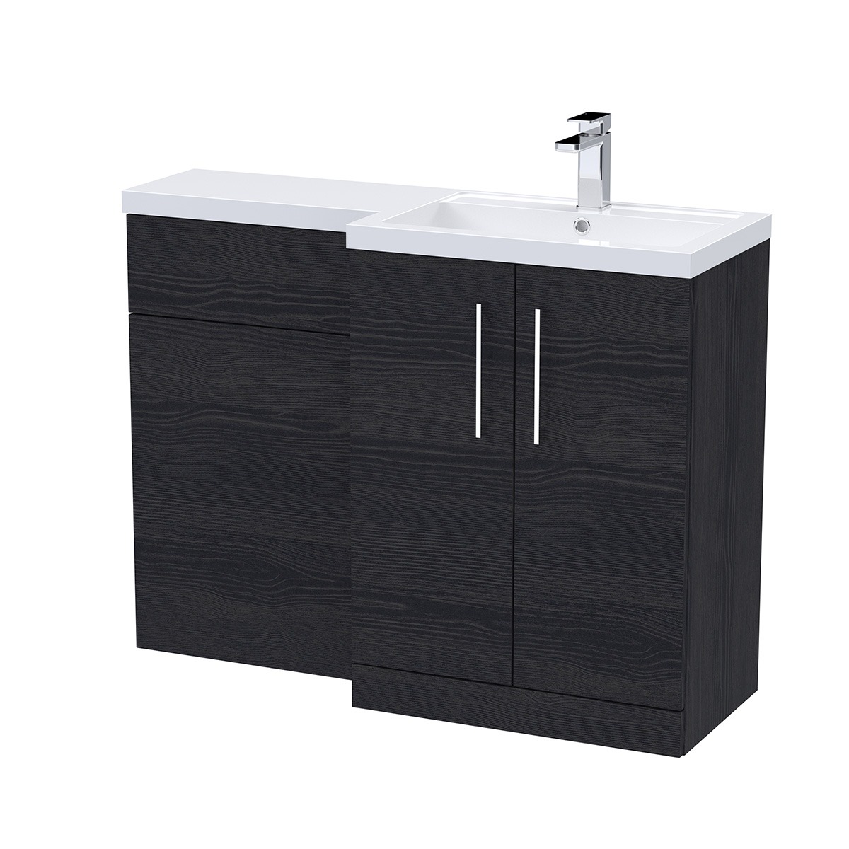 Arno 1100mm Right-Hand Combination Unit in Charcoal with a white ceramic basin, two-door vanity unit and integrated WC unit.