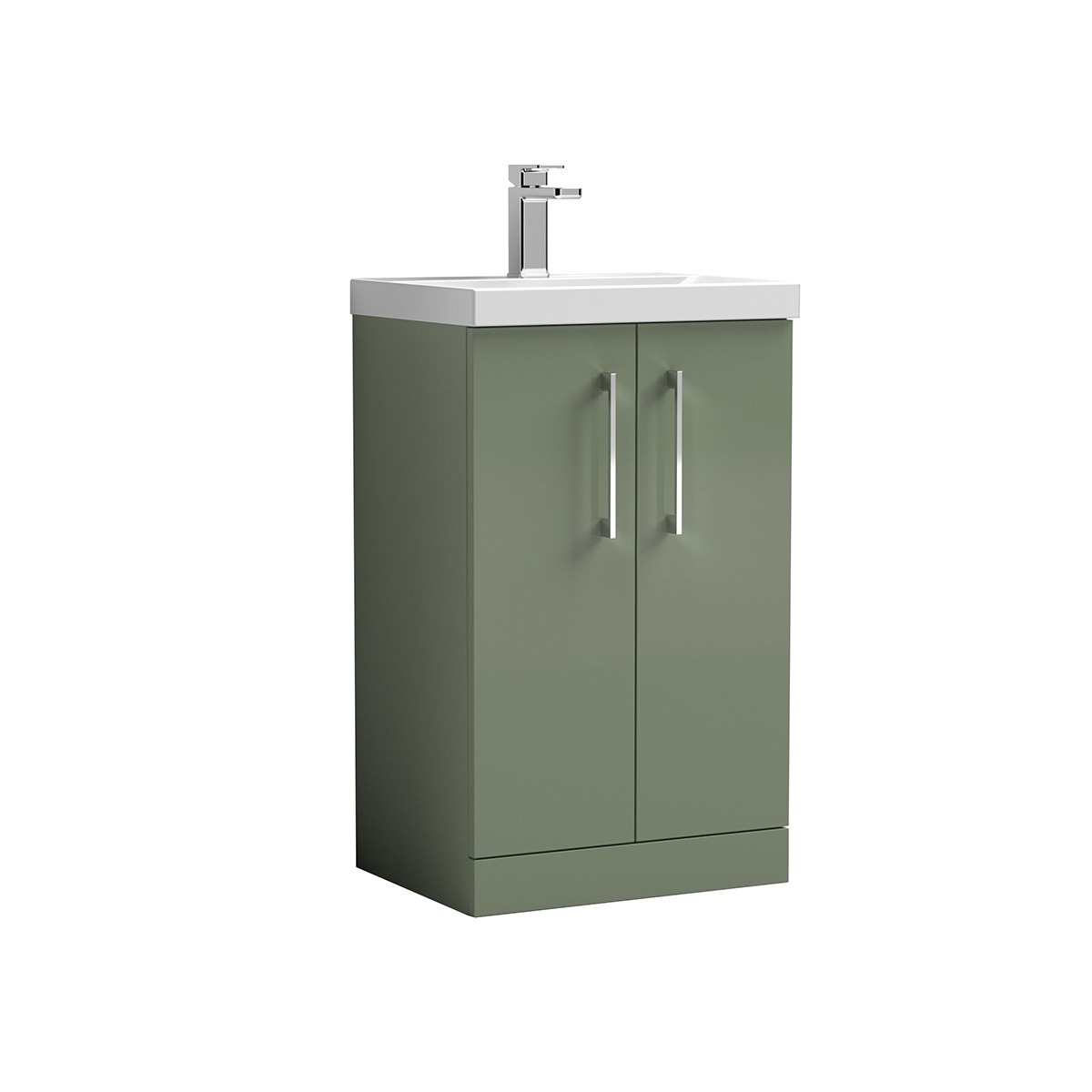 Arno 500mm Green freestanding unit featuring two doors, sleek chrome handles and a white ceramic basin. Its compact design provides practical bathroom storage while adding a soft, contemporary colour to the room.