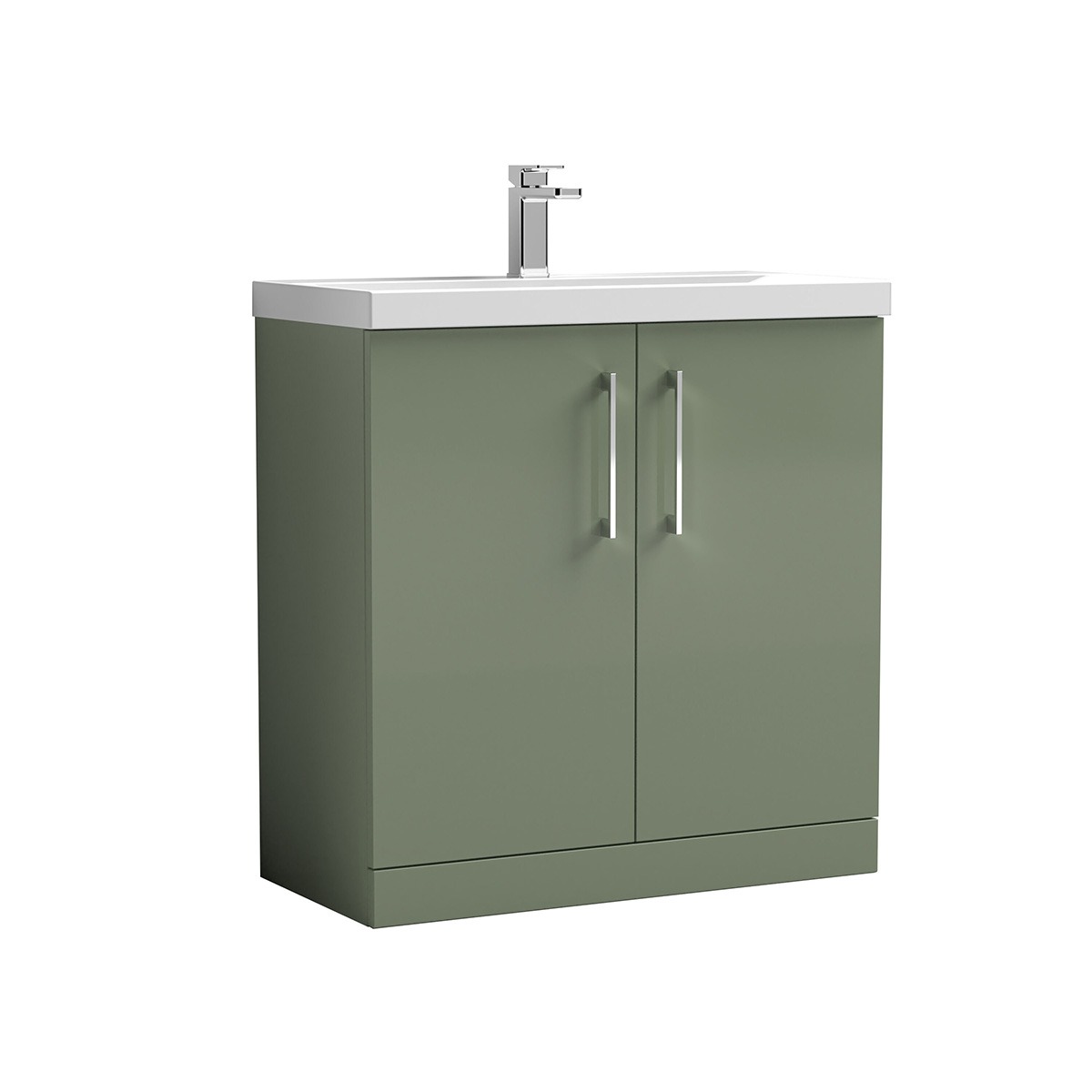 Arno 800mm Green freestanding unit featuring two doors, sleek chrome handles and a white ceramic basin. Its generous width provides ample storage while the clean, contemporary design works beautifully in modern bathrooms.