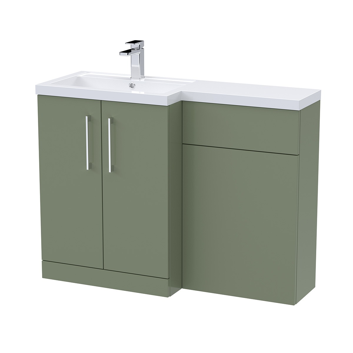 Arno 1100mm Left-Hand Combination Unit in Green with a white ceramic basin and integrated WC unit.