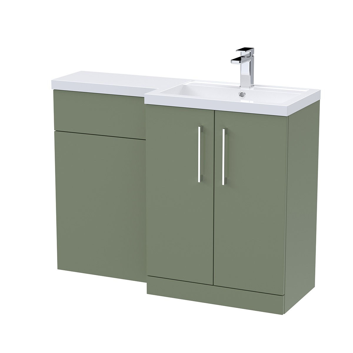 Arno 1100mm Right-Hand Combination Unit in Green with a white ceramic basin and integrated WC unit.