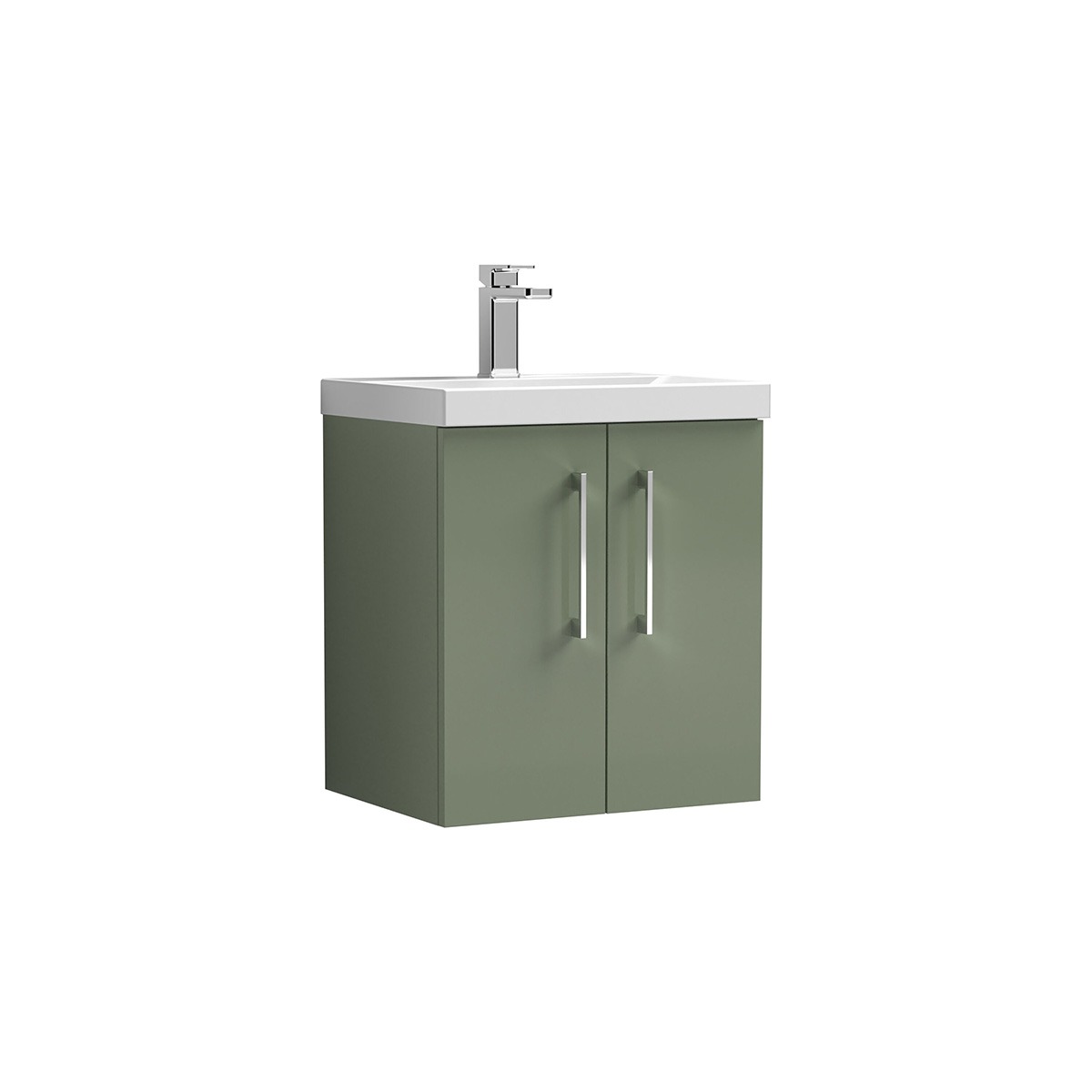 Arno 500mm wall hung unit in Green, featuring a clean two-door design with slim chrome handles and a white ceramic basin. The wall mounted design creates a contemporary, streamlined look while providing practical concealed storage.