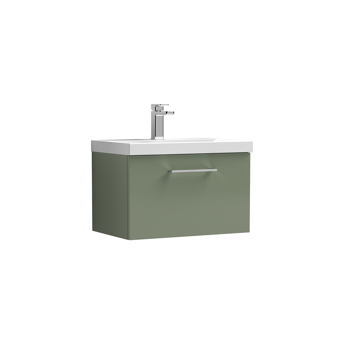 Arno 600mm wall hung drawer unit in Green, featuring a sleek single-drawer design with a slim chrome handle and white ceramic basin. The wall mounted unit offers useful storage while keeping the floor area clear for a clean, contemporary bathroom look.