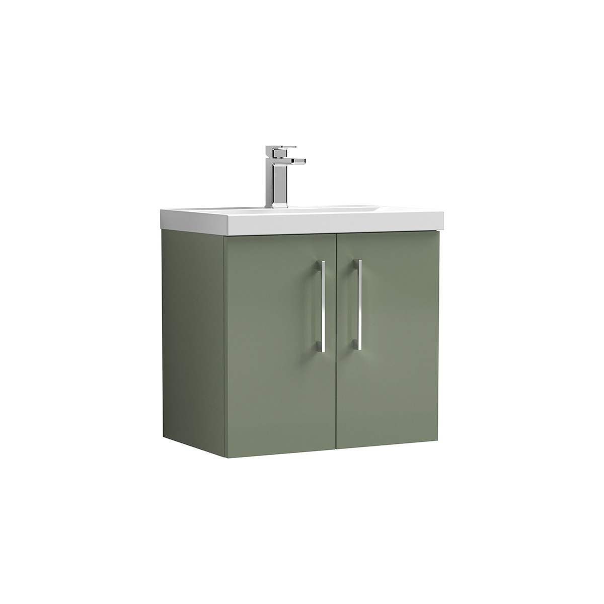 Arno 600mm wall hung door unit in Green, featuring a clean two-door design with slim chrome handles and a white ceramic basin. Its wall mounted construction keeps the design feeling light and contemporary while providing practical enclosed storage.