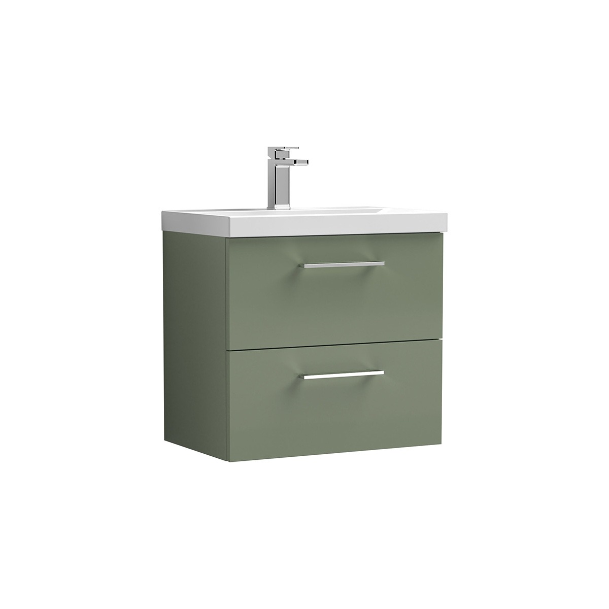 Arno 600mm wall hung drawer unit in Green, featuring two spacious drawers with slim chrome handles and a white ceramic basin. The wall mounted design keeps the floor clear while providing generous, practical bathroom storage.