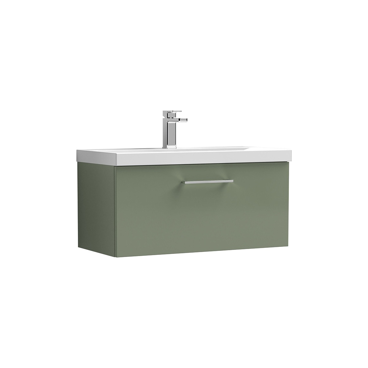Arno 800mm wall hung drawer unit in Green, featuring a spacious drawer and sleek chrome handle beneath a white ceramic basin. The wall mounted design creates a clean, contemporary look while providing practical bathroom storage.