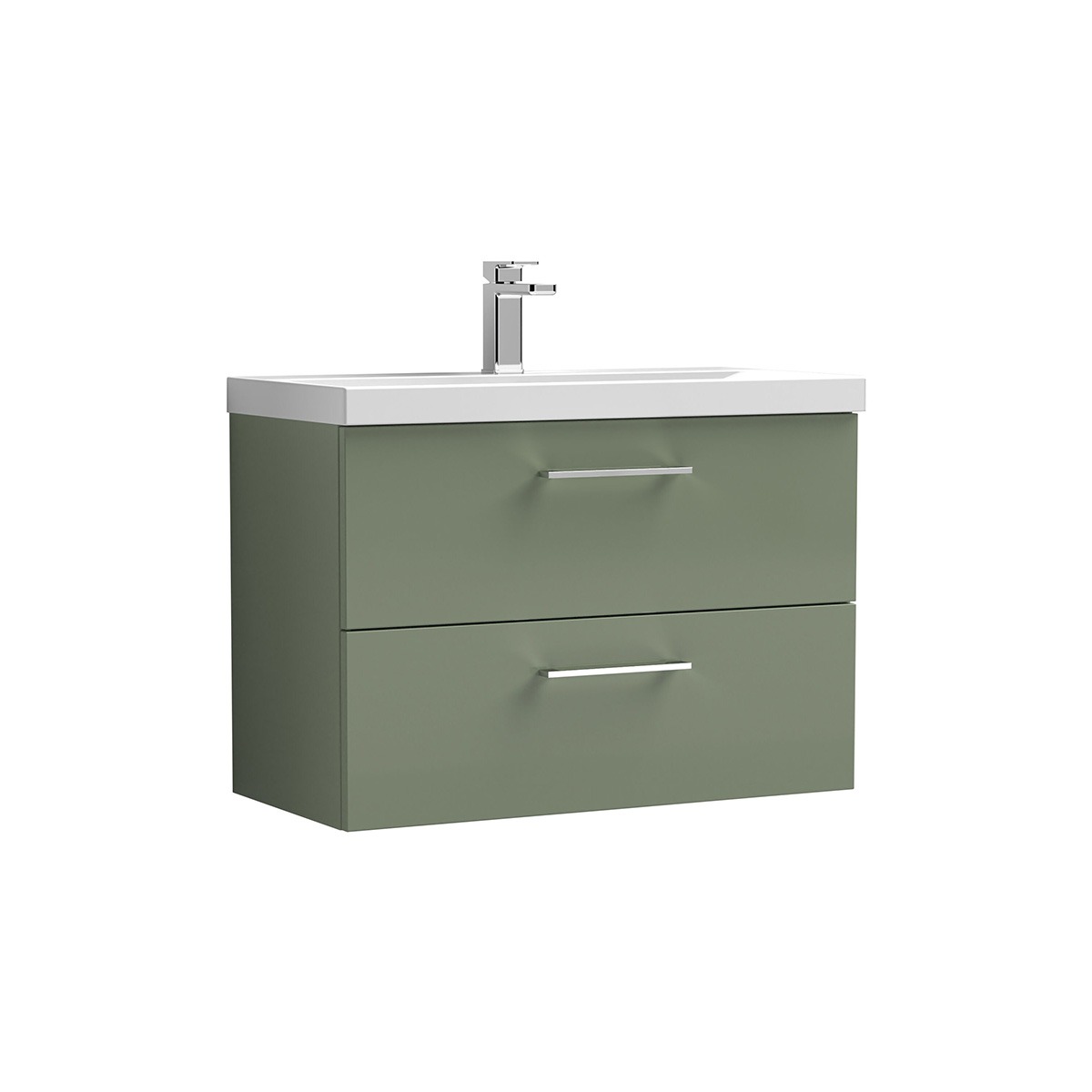 Arno 800mm wall hung double drawer unit in Green, complete with a white ceramic basin and sleek chrome handles. The two generous drawers provide practical storage while the wall mounted design creates a clean, contemporary finish.