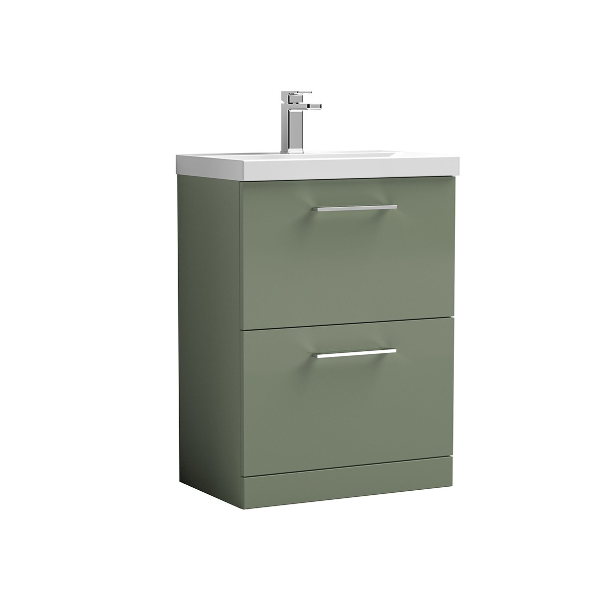 Arno 600mm freestanding double drawer unit in Green, complete with a white ceramic basin and sleek chrome handles. The two spacious drawers provide practical storage while the compact design makes it a versatile choice for modern bathrooms.