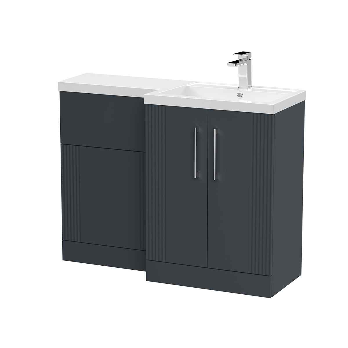 Deco 1100mm RH Combination Unit in Satin Black, featuring fluted detailing, twin cupboard doors, chrome handles, integrated WC storage and a white ceramic basin with chrome tap.