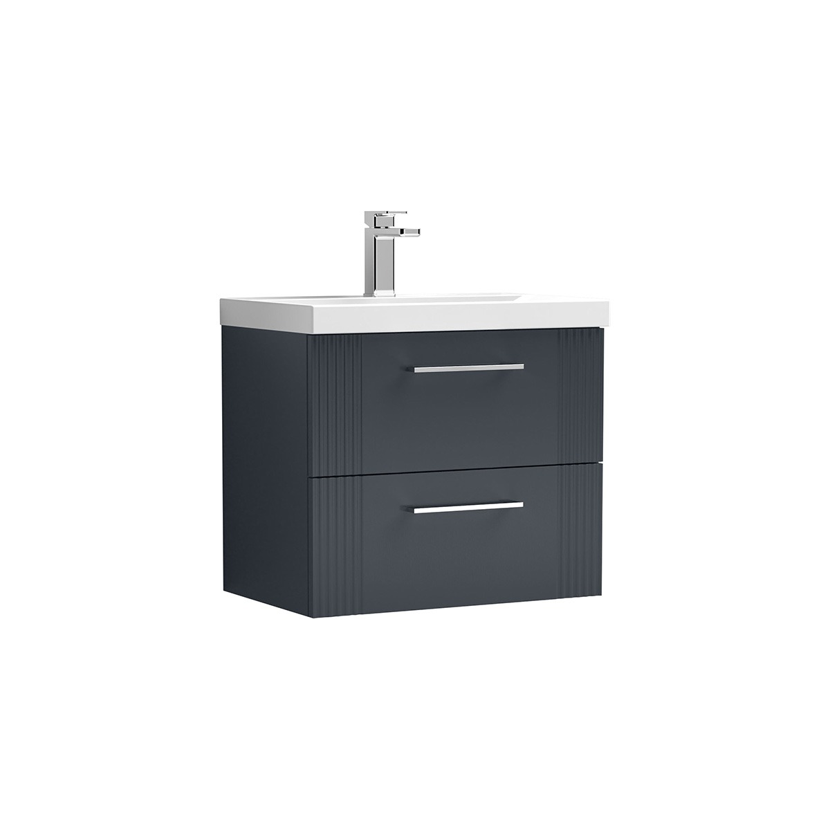 Deco 600mm Wall Hung Unit in Satin Black with 2 soft-close drawers, fluted detailing, chrome handles, white ceramic basin and chrome basin tap.