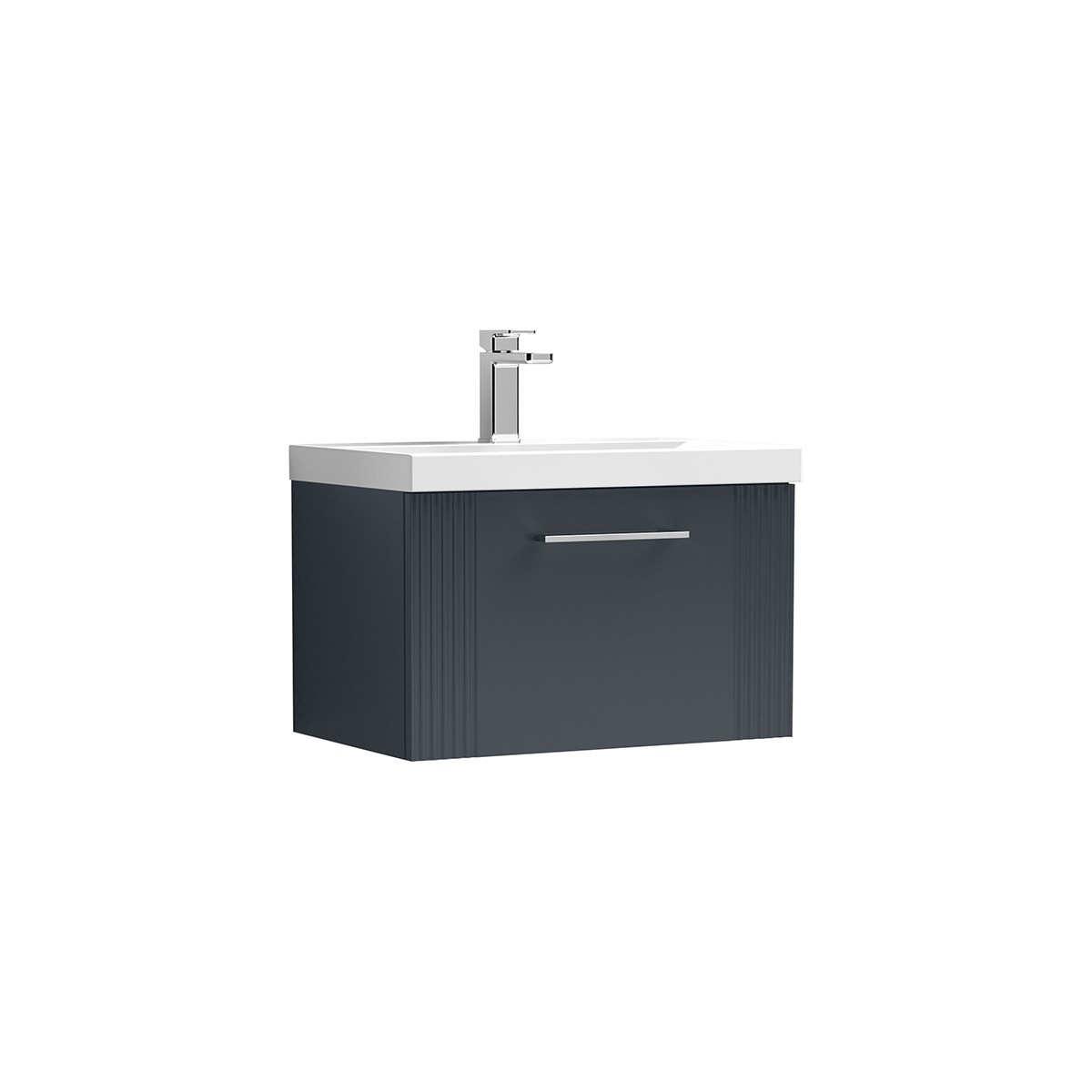 Deco 600mm Wall Hung Unit in Satin Black with 1 soft-close drawer, fluted detailing, chrome handle, white ceramic basin and chrome basin tap.