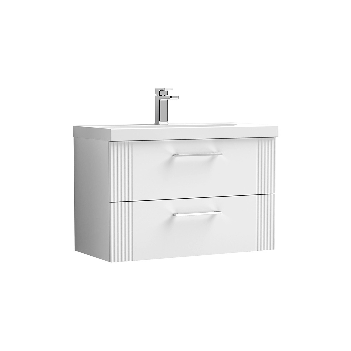 Deco 800mm Wall Hung Unit in Satin White with two drawers, white ceramic basin and chrome basin tap.