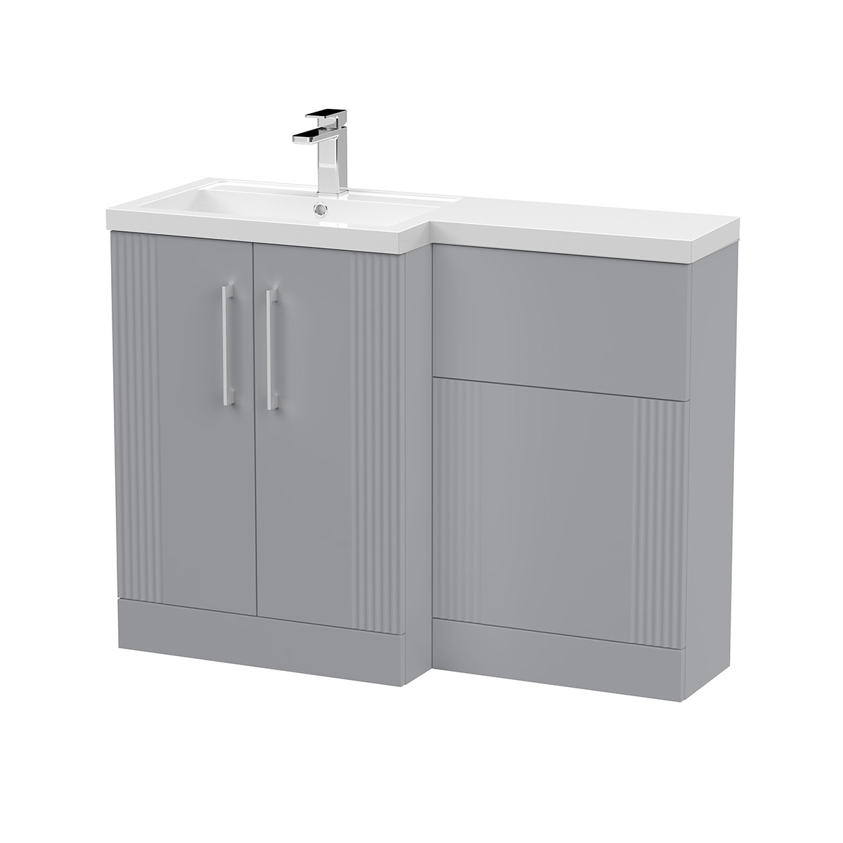 Deco 1100mm LH Combination Unit in Satin Grey, featuring fluted detailing, twin cupboard doors, chrome handles, integrated WC storage and a white ceramic basin with chrome tap.