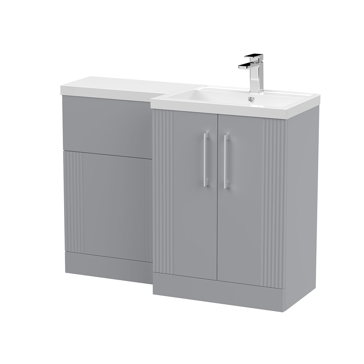 Deco 1100mm RH Combination Unit in Satin Grey, featuring fluted detailing, twin cupboard doors, chrome handles, integrated WC storage and a white ceramic basin with chrome tap. 