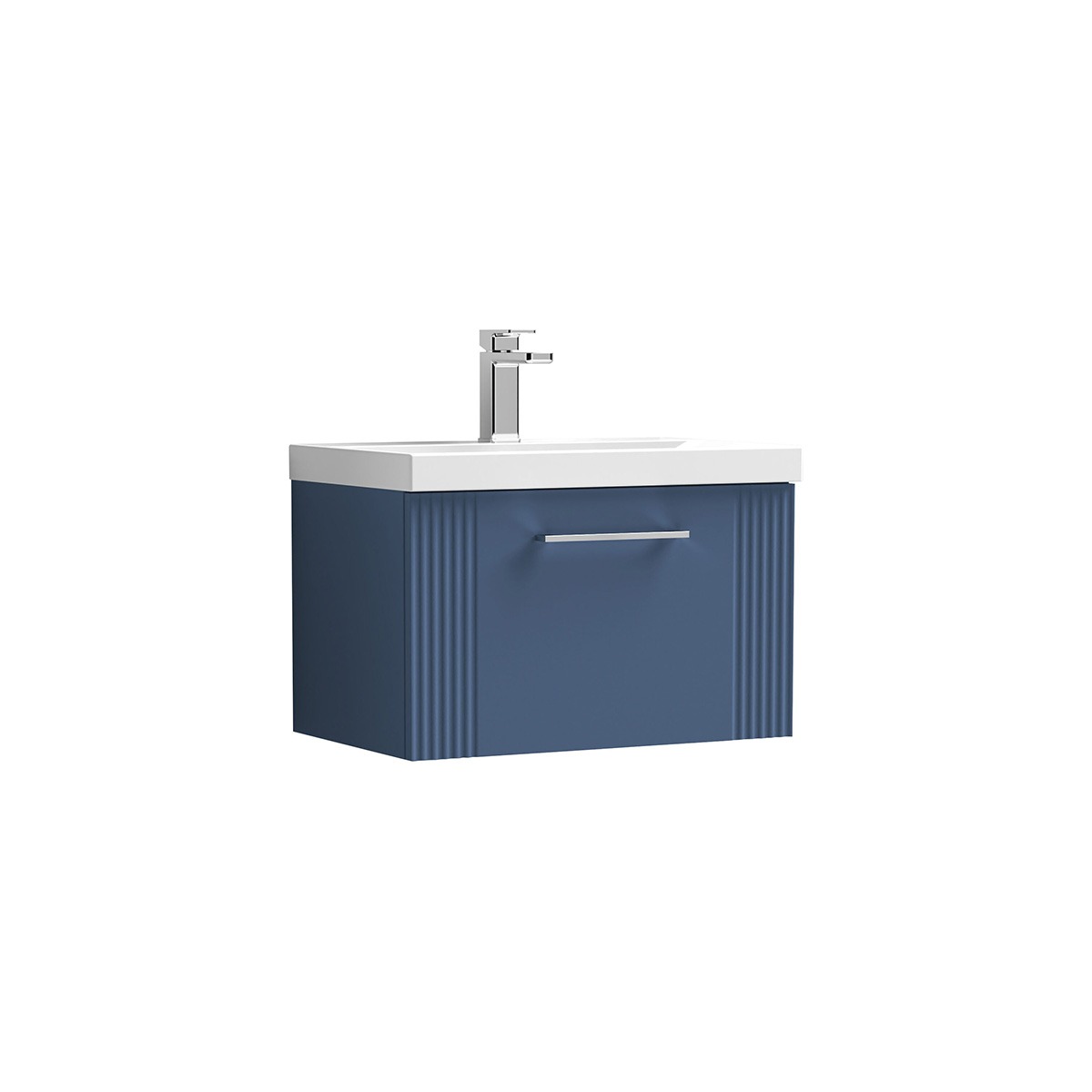 Deco 600mm Wall Hung Unit in Satin Blue with 1 soft-close drawer, fluted detailing, chrome handle, white ceramic basin and chrome basin tap.