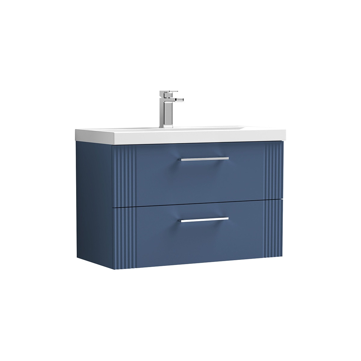 Deco 800mm Wall Hung Unit in Satin Blue with 2 soft-close drawers, fluted detailing, chrome handles, white ceramic basin and chrome basin tap.