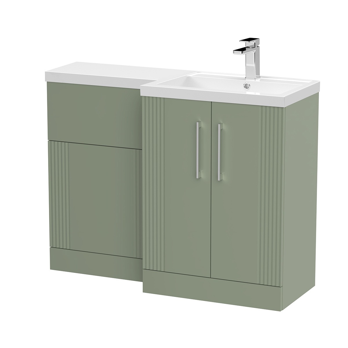 Deco 1100mm RH Combination Unit in Satin Green, featuring fluted detailing, twin cupboard doors, slim chrome handles, integrated WC storage and a white ceramic basin with chrome tap.