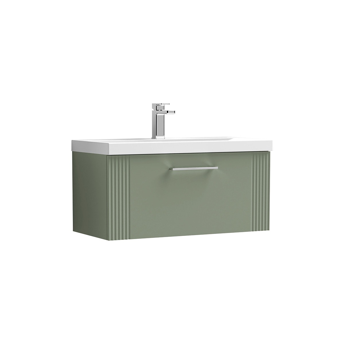 Deco 800mm Wall Hung Unit in Satin Green with 1 soft-close drawer, fluted detailing, chrome handle, white ceramic basin and chrome basin tap.