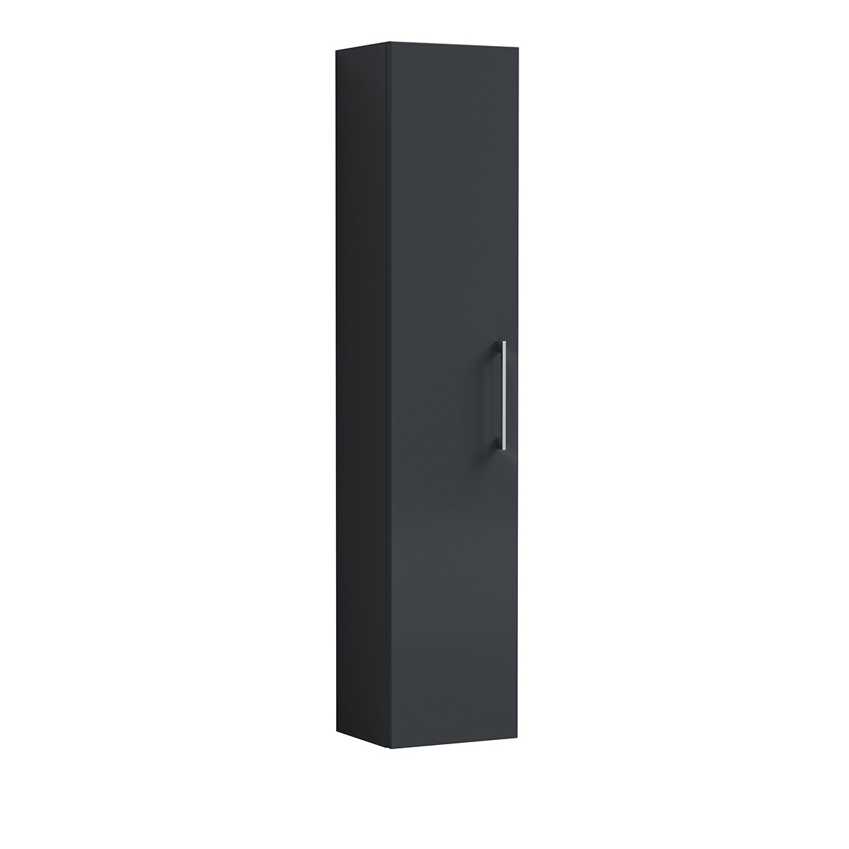 Arno 300mm gloss soft black tall bathroom storage unit with single door and slim chrome handle, shown against a white background.