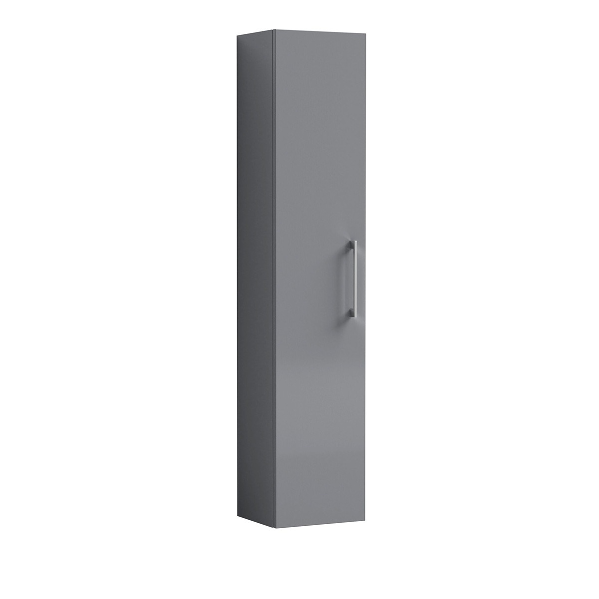Arno 300mm satin grey tall bathroom storage unit with a sleek, handle-mounted door and a slim, contemporary design. The generous full-height cabinet provides useful storage while maintaining a clean and uncluttered appearance.