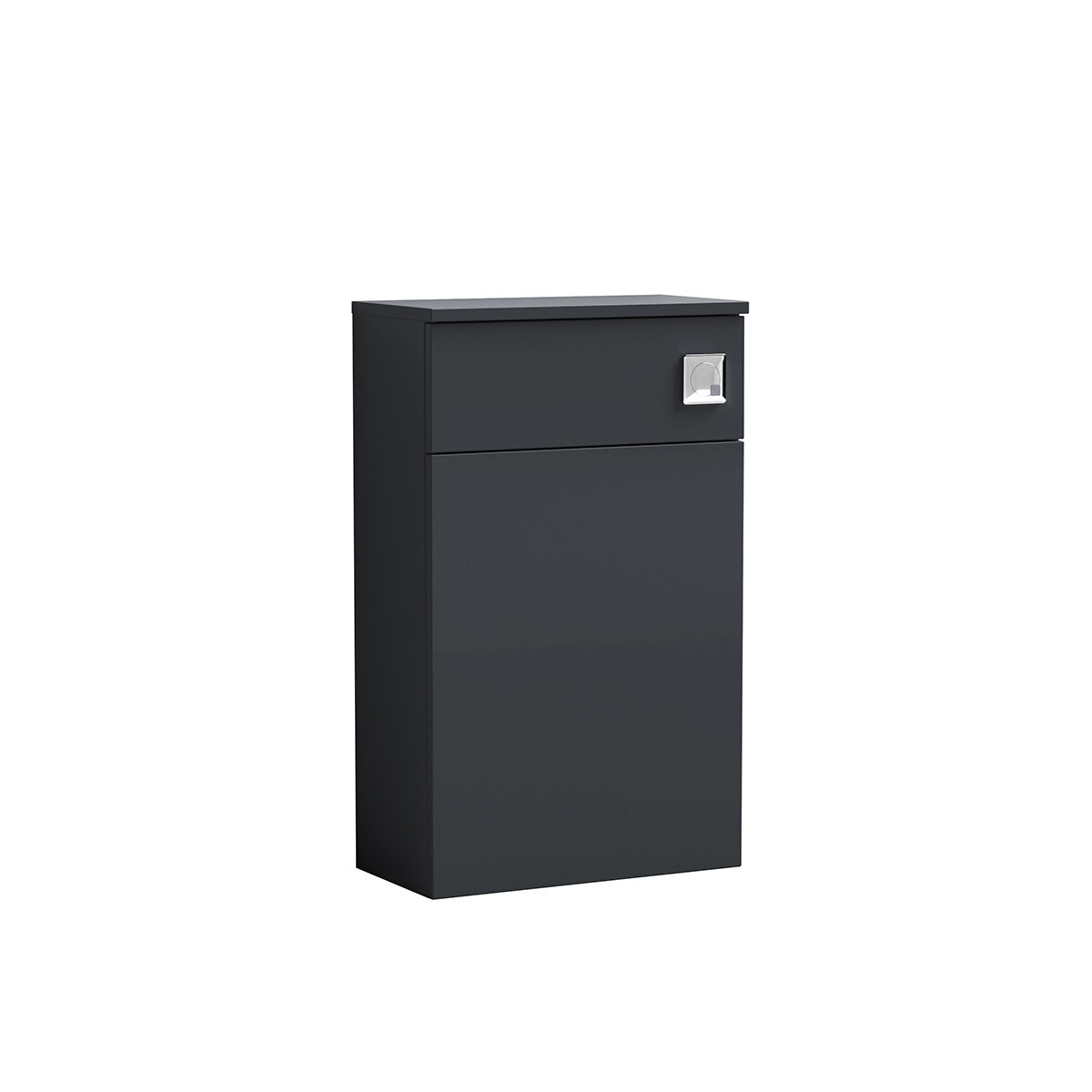 Arno 510mm gloss soft black WC unit with concealed cistern, single flush button and compact storage cabinet, shown against a white background.