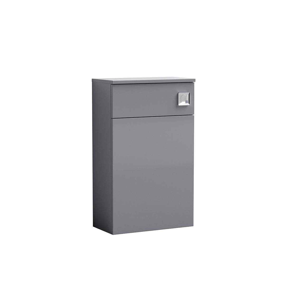 Arno 510mm satin grey WC unit with a clean, contemporary design, integrated cistern storage and a chrome push-button flush. The compact unit provides a neat way to conceal the toilet cistern while adding useful bathroom storage.