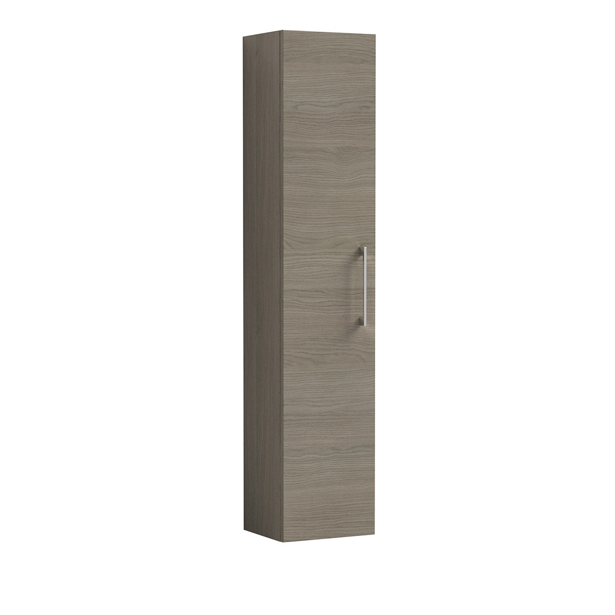 Arno 300mm Solace Oak tall bathroom unit with a single full-height door and slimline chrome handle, shown against a white background.