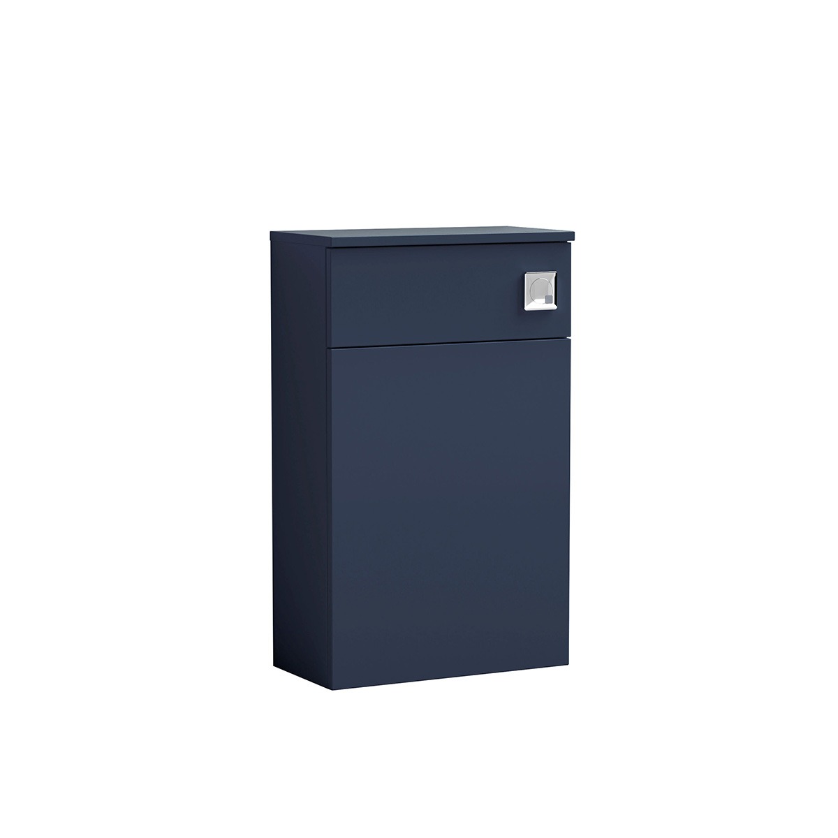 Arno 510mm Indigo Blue WC unit with concealed cistern storage, two front panels and chrome flush plate, shown against a white background.