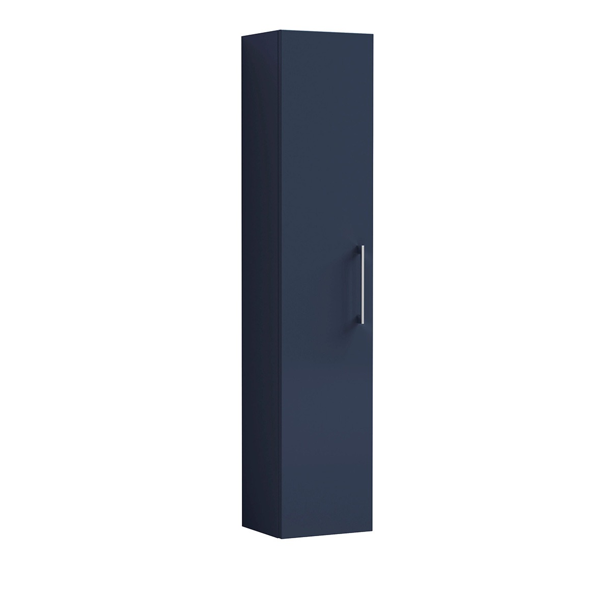 Arno 300mm Indigo Blue tall bathroom storage unit with a single door and slim chrome handle, shown against a white background.