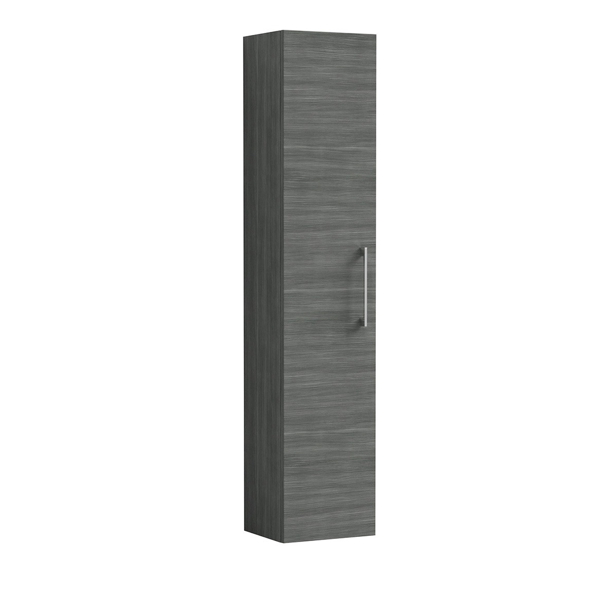 Arno 300mm Anthracite tall bathroom unit featuring a single door and sleek chrome handle. The slim design provides practical vertical storage while the dark wood-effect finish creates a contemporary look.