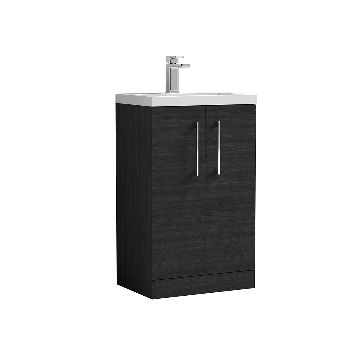 Arno 500mm Charcoal freestanding slim unit featuring two doors, sleek chrome handles and a matching white ceramic basin. Its compact design provides practical bathroom storage while maintaining a clean, contemporary look.