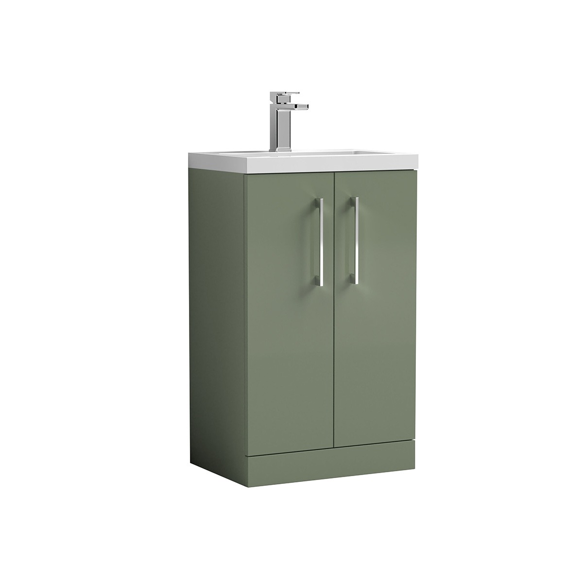 Arno 500mm Slim Floorstanding Vanity Unit in Green, complete with a white ceramic basin and two-door storage cupboard. The compact 500mm width makes it a practical choice for smaller bathrooms, while the chrome handles and clean, contemporary design creat