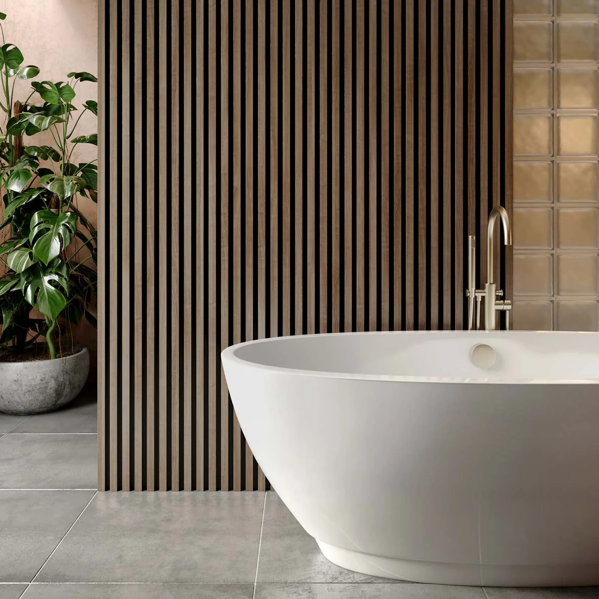 Slatwall Waterproof Walnut/Black Wall Panel 170 x 2400mm (3 Pack) Roomset 1