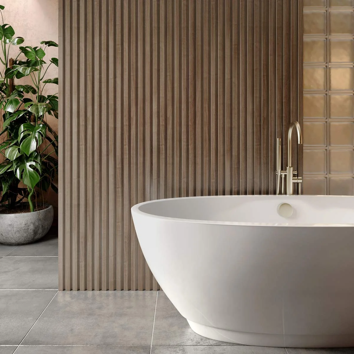 Slatwall Waterproof Walnut/Walnut Wall Panel 170x2400mm (3 Pack) Roomset 1 
