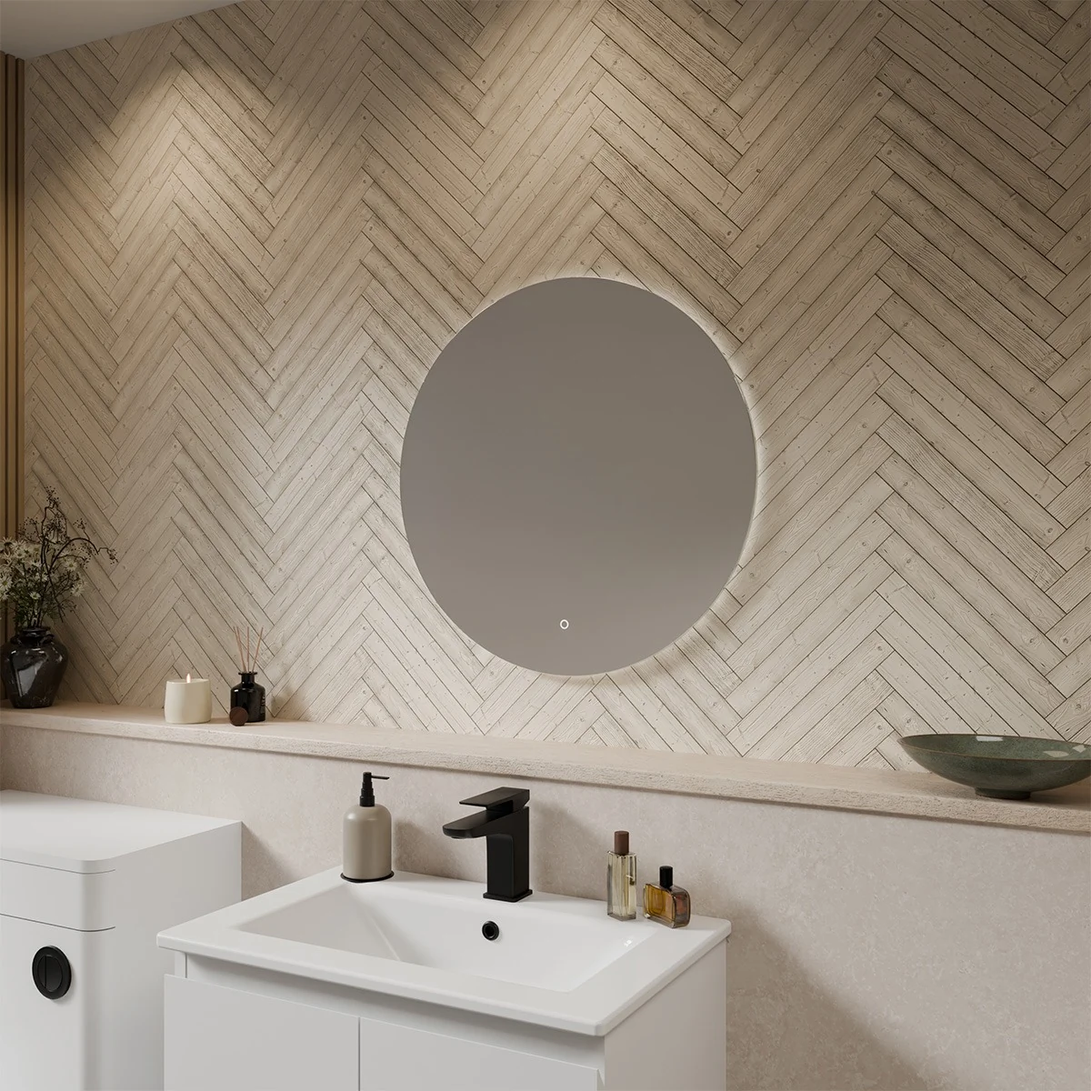 Atria Ultra Slim Round LED Illuminated Mirror with Magnifier 600mm featuring subtle backlighting, a sleek ultra-slim design, and a built-in magnifier for enhanced precision
