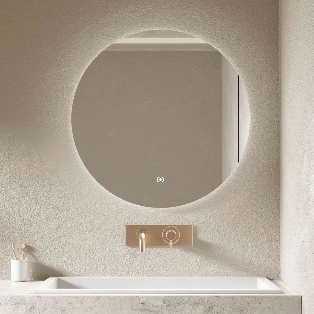 Atria Ultra Slim Round LED Illuminated Mirror with Magnifier 600mm featuring subtle backlighting, a sleek ultra-slim design, and a built-in magnifier for enhanced precision